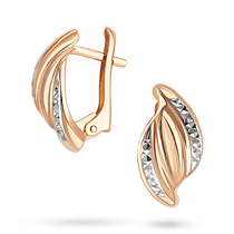 обзорное фото Серьги в комбинированном золоте "Листочки" с алмазной гранью 041545 Золотые серьги без вставок обзорное фото Серьги в комбинированном золоте "Листочки" с алмазной гранью 041545  Золотые серьги без вставок