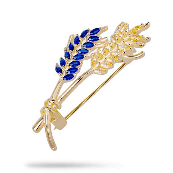 Серебряная патриотическая брошь-булавка Колоски с синими и желтыми фианитами 040565 детальное изображение ювелирного изделия Серебряные броши