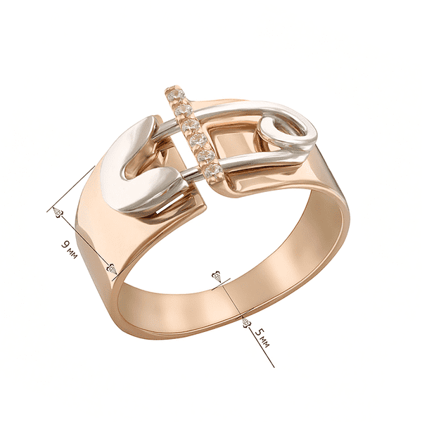 Золотое разъединенное кольцо с декором булавки из белого золота и дорожкой фианитов Золотое разъединенное кольцо с декором булавки из белого золота и дорожкой фианитов