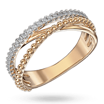 обзорное фото Золотое кольцо "Тройный микс" украшено белой дорожкой фианитов и рельефными шариками 040670  Золотые кольца с фианитом