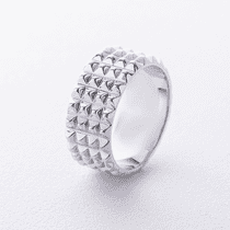 обзорное фото Широкое кольцо в белом золоте с рельефным геометрическим дизайном без вставок 040961  Золотые кольца без вставок