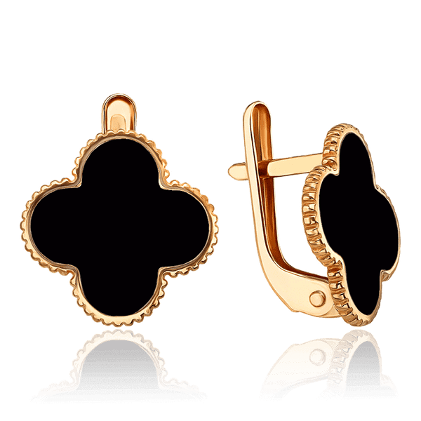 серьги клевер с черной эмалью
