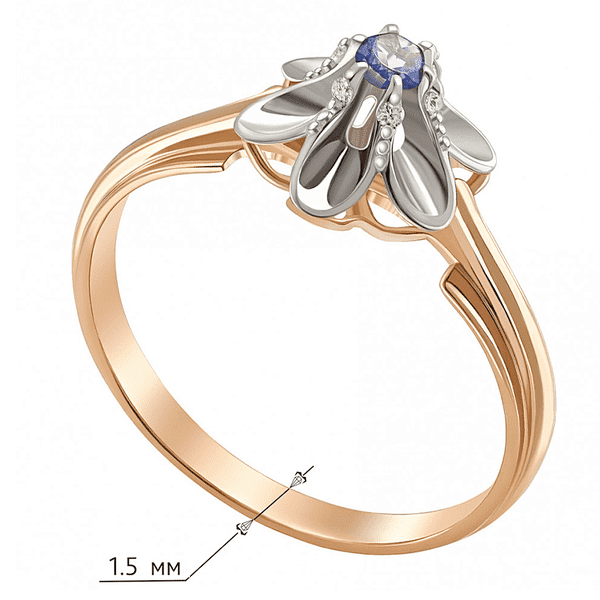 Золотое кольцо из цветочным дизайном с сапфиром в центре композиции и бриллиантами по бокам Золотое кольцо из цветочным дизайном с сапфиром в центре композиции и бриллиантами по бокам