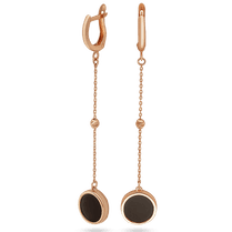 обзорное фото Золотые длинные серьги с подвесным черным агатом и шариками алмазной гравировкой 039747 Золотые серьги с агатом обзорное фото Золотые длинные серьги с подвесным черным агатом и шариками алмазной гравировкой 039747  Золотые серьги с агатом