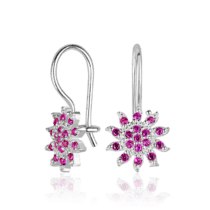 обзорное фото Серебряные серьги детские на петельке цветочки с малиновыми фианитами 037597  Подарок дочке