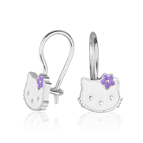 обзорное фото Серебряные серьги детские Китти Kitty французский замок фиолетовый бантик 037622  Детские серебряные серьги 