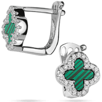 обзорное фото Невероятные серебряные серьги в виде клевера с малахитом и фианитами 039436 Серебряные серьги с камнями обзорное фото Невероятные серебряные серьги в виде клевера с малахитом и фианитами 039436  Серебряные серьги с камнями