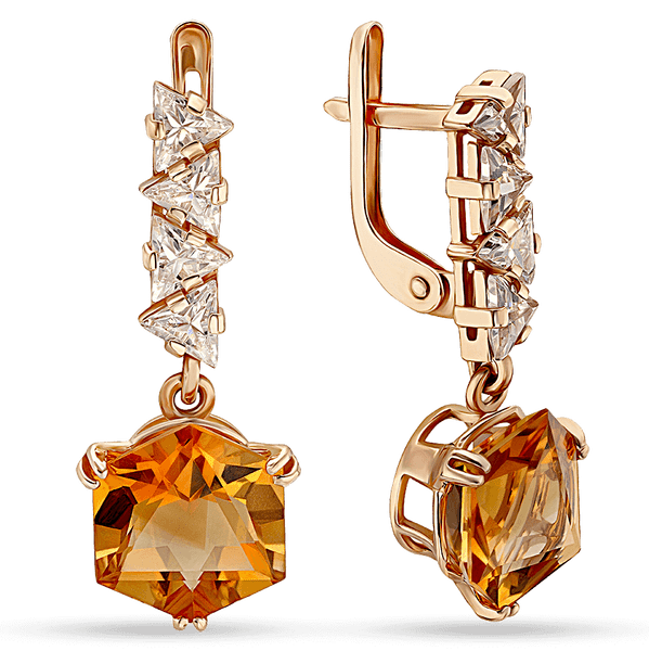 Золотые серьги подвески с цитрином и фианитами 036270 детальное изображение ювелирного изделия Золотые серьги