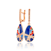 обзорное фото Золотые сережки подвески с эмалью Фантазийная Бабочка 033865  Золотые серьги