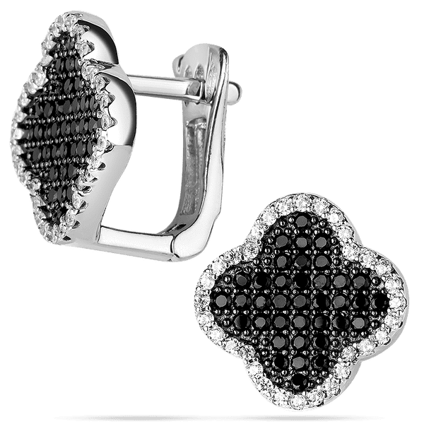 Серебряные серьги на английской застежке Клевер с черно - белыми фианитами 039413 детальное изображение ювелирного изделия Серебряные серьги с камнями Серебряные серьги на английской застежке Клевер с черно - белыми фианитами 039413 детальное изображение ювелирного изделия Серебряные серьги с камнями