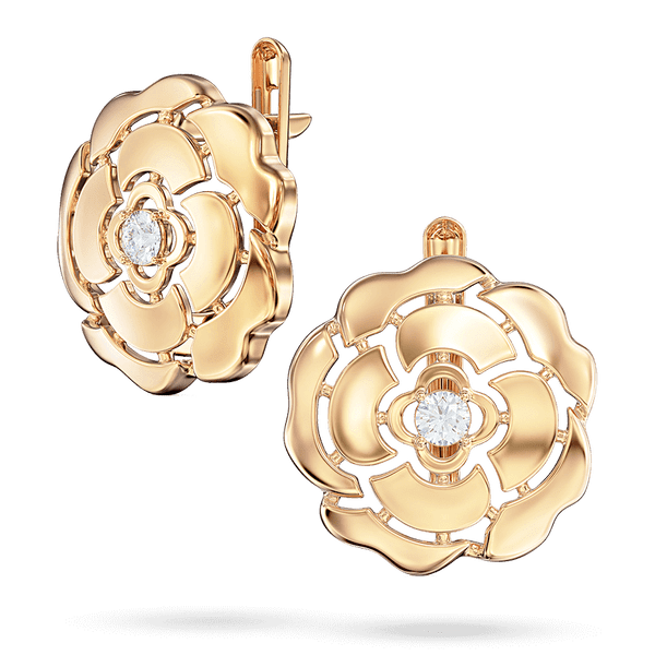 Золотые элегантные серьги в виде изящного цветка с большим фианитом в центре 040592 детальное изображение ювелирного изделия Золотые серьги с фианитом