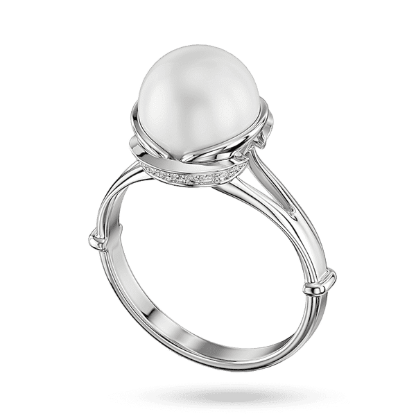 Золотое кольцо в белом золоте «AURORA LIGHT» с жемчужиной и дугами с россыпью бриллиантов купить Золотое кольцо в белом золоте «AURORA LIGHT» с жемчужиной и дугами с россыпью бриллиантов купить