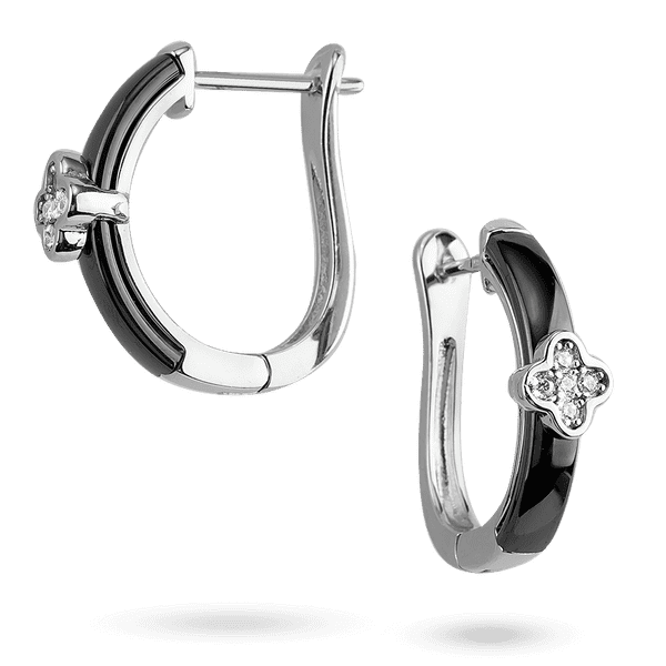 Серебряные классические серьги Клевер с чёрной керамикой и фианитами 040936 детальное изображение ювелирного изделия Серебряные серьги с камнями