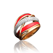 обзорное фото Золотое кольцо с красной эмалью и фианитами 030823 Золотые кольца с эмалью обзорное фото Золотое кольцо с красной эмалью и фианитами 030823  Золотые кольца с эмалью