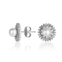 обзорное фото Серебряные серьги-гвоздики с жемчугом и фианитами 027376  Серебряные серьги с камнями