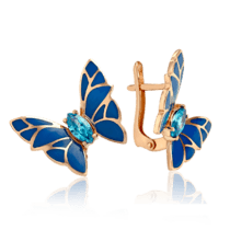 обзорное фото Серьги золотые Синяя Бабочка с эмалью и фианитами 033666  Золотые серьги