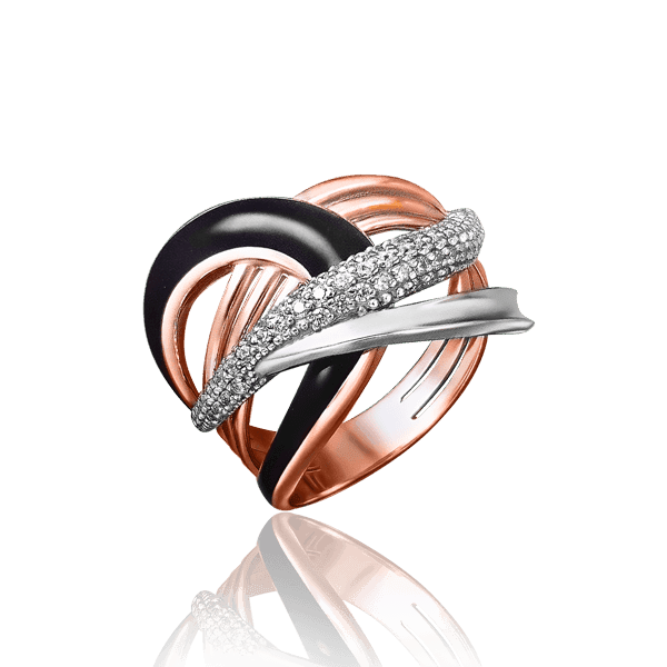 Золота каблучка з чорною емаллю і фіанітами 030827 детальне зображення ювелірного виробу Золота каблучка з чорною емаллю і фіанітами 030827 детальне зображення ювелірного виробу