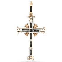 обзорное фото Крестик из комбинированного золота с агатом и эмалью 035702 Золотые подвески обзорное фото Крестик из комбинированного золота с агатом и эмалью 035702  Золотые подвески