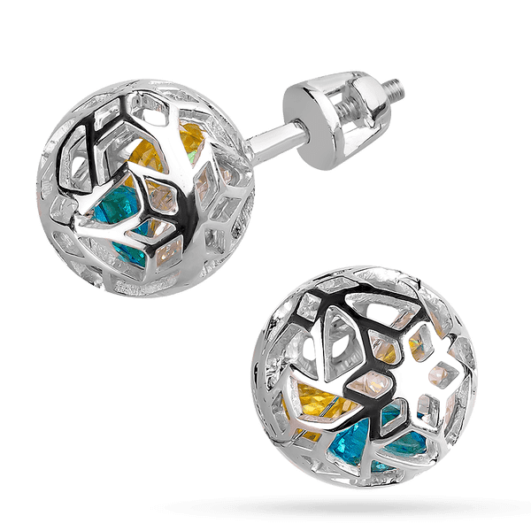Серебряные шарики-пусеты с желто-синими фианитами внутри 038433 детальное изображение ювелирного изделия Серебряные серьги с камнями Серебряные шарики-пусеты с желто-синими фианитами внутри 038433 детальное изображение ювелирного изделия Серебряные серьги с камнями