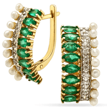 обзорное фото Эксклюзивные серьги Болейн в жёлтом золоте с изумрудами, жемчугом и фианитами 038945 Золотые серьги с изумрудами обзорное фото Эксклюзивные серьги Болейн в жёлтом золоте с изумрудами, жемчугом и фианитами 038945  Золотые серьги с изумрудами