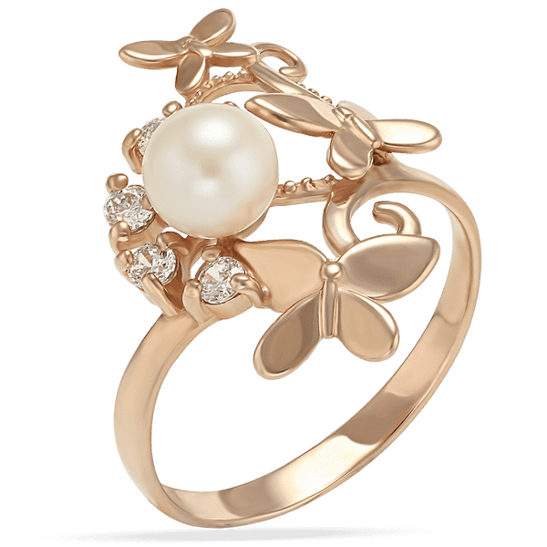 Золота каблучка з перлиною і фіанітами Метелики 028685 детальне зображення ювелірного виробу Золота каблучка з перлиною і фіанітами Метелики 028685 детальне зображення ювелірного виробу