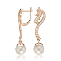 обзорное фото Изысканые сережки золотые с жемчугом и фианитами 034032  Золотые серьги