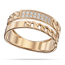обзорное фото Оригинальное раздвоенное золотое кольцо с плетением цепочки и двойной дорожкой из фианитов 040428  Золотые кольца с фианитом