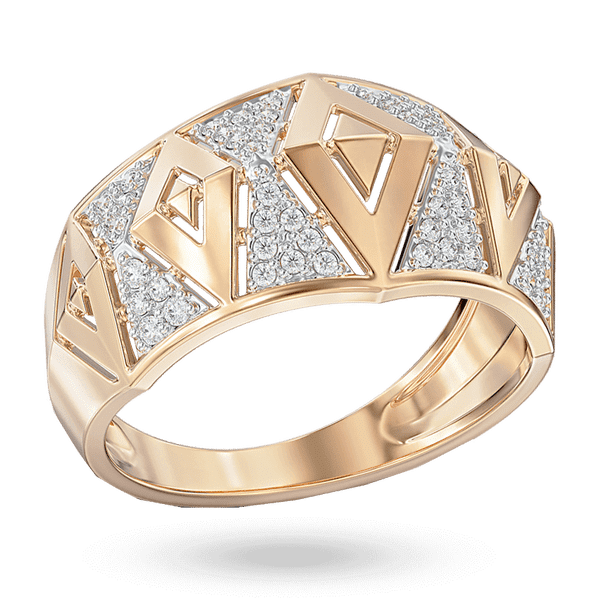 Золотое кольцо с геометрическим дизайном с ромбами украшеное фианитовой инкрустацией Золотое кольцо с геометрическим дизайном с ромбами украшеное фианитовой инкрустацией