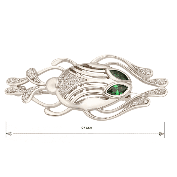Серебряная брошь Лягушка с зелеными глазами частично задекорирована белыми фианитами