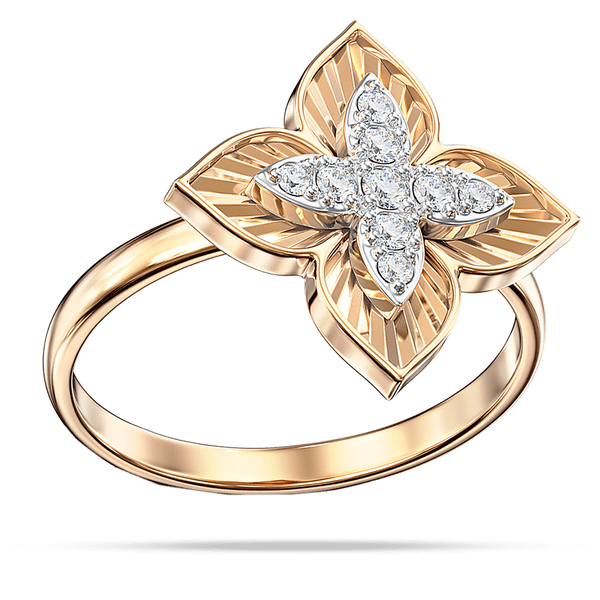 Каблучка з більшою квіткою з червоного золота та меньшою з білого золота і фіанітами Каблучка з більшою квіткою з червоного золота та меньшою з білого золота і фіанітами