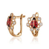 обзорное фото Золотые детские серьги Божья коровка на английском замке с фианитами и эмалью 025978  Серьги с камнями