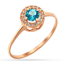 обзорное фото Золотое кольцо с нежно-голубым топазом и фианитами, по бокам сердца 036235  Золотые кольца с топазом