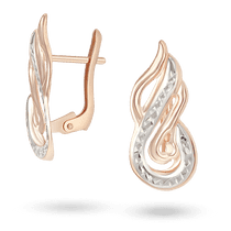 обзорное фото Золотые серьги с плавными линиями напоминающими пламя и белой алмазной гравировкой 040535  Золотые серьги без вставок