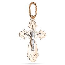обзорное фото Православный крест с распятием и гравировкой в красном и белом золоте 039498 Золотые крестики православные обзорное фото Православный крест с распятием и гравировкой в красном и белом золоте 039498  Золотые крестики православные
