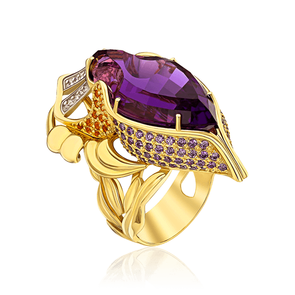 Женский перстень из лимонного золота с аметистом и фианитами 036257 детальное изображение ювелирного изделия Золотые кольца Женский перстень из лимонного золота с аметистом и фианитами 036257 детальное изображение ювелирного изделия Золотые кольца