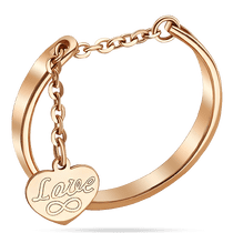 обзорное фото Стильное кольцо Love с подвесным сердцем и цепочкой в красном золоте 039913 Золотые кольца без вставок обзорное фото Стильное кольцо Love с подвесным сердцем и цепочкой в красном золоте 039913  Золотые кольца без вставок