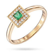 обзорное фото Золотое кольцо с квадратной композицией с центральным изумрудом окруженным бриллиантами 040617  Золотые кольца с изумрудом
