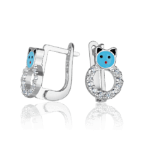 обзорное фото Серебряные серьги детские на английском замочке 925 пробы голубые котики 037603  Подарок дочке