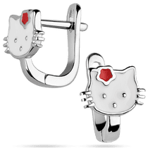 обзорное фото Серьги серебряные детские с Hello Kitty с белой и красной эмалью 039463  Детские серебряные серьги 