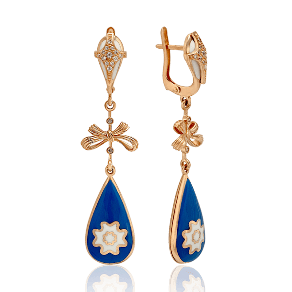 Золоті сережки підвіски з синьою емаллю і фіанітами 031648 детальне зображення ювелірного виробу