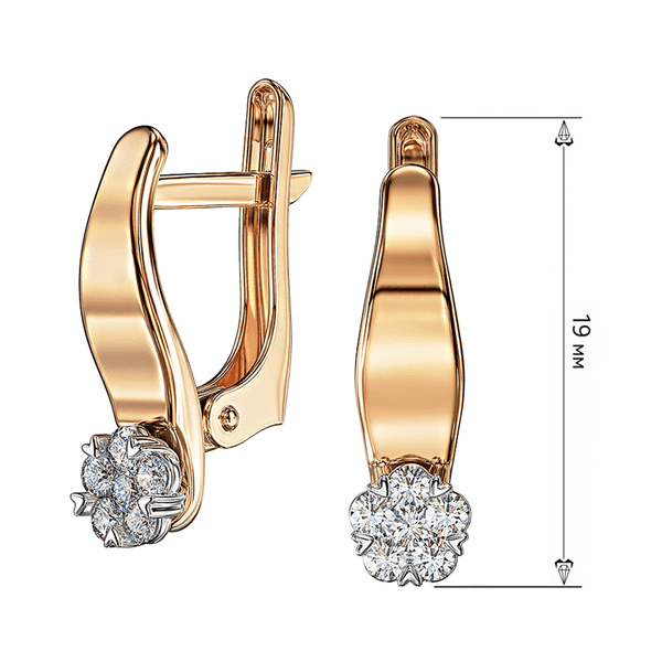 Золотые серьги 585 проба с плавными изгибающимися линиями Цветок с бриллиантами в лапках из белого золота на английской застежке замеры Золотые серьги 585 проба с плавными изгибающимися линиями Цветок с бриллиантами в лапках из белого золота на английской застежке замеры