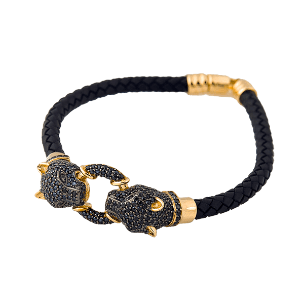 Браслет каучуковый в желтом золоте "Пантеры" с черными фианитами 025673 детальное изображение ювелирного изделия Золотые браслеты с каучуком Браслет каучуковый в желтом золоте "Пантеры" с черными фианитами 025673 детальное изображение ювелирного изделия Золотые браслеты с каучуком