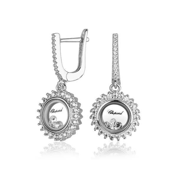 Серебряные серьги на английском замке в стиле Chopard с фианитами 027340 детальное изображение ювелирного изделия Серебряные серьги с камнями Серебряные серьги на английском замке в стиле Chopard с фианитами 027340 детальное изображение ювелирного изделия Серебряные серьги с камнями