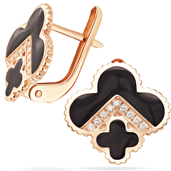Женские золотые серьги Клевер с черной эмалью и фианитами 038980 детальное изображение ювелирного изделия Золотые серьги с эмалью Женские золотые серьги Клевер с черной эмалью и фианитами 038980 детальное изображение ювелирного изделия Золотые серьги с эмалью