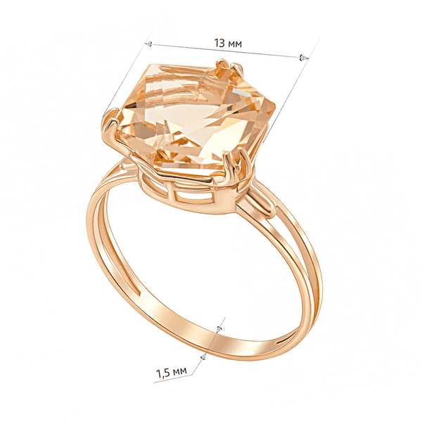 Золотое кольцо с медово-желтым многогранным цитрином  Золотое кольцо с медово-желтым многогранным цитрином