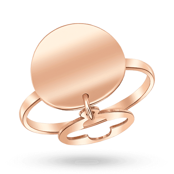 Нестандартна золота каблучка з глянцевою вигнутою монеткою з якої звисає кругла підвіска з вирізом хрестоподібної форми купити київ україна закордон