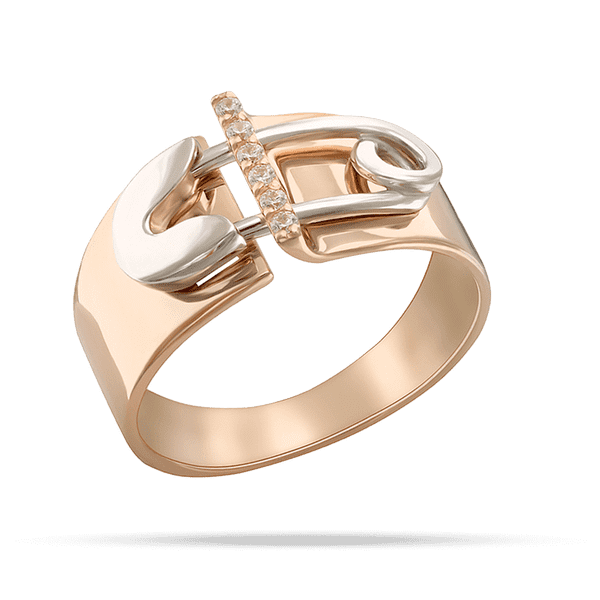 Золота роз'єднана каблучка з декором булавки з білого золота та доріжкою фіанітів  Золота роз'єднана каблучка з декором булавки з білого золота та доріжкою фіанітів