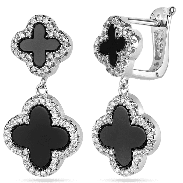 Серебряные серьги с подвесным клевером из оникса и фианитов 039459 детальное изображение ювелирного изделия Серебряные серьги с камнями Серебряные серьги с подвесным клевером из оникса и фианитов 039459 детальное изображение ювелирного изделия Серебряные серьги с камнями
