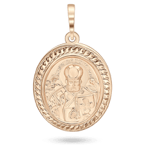 обзорное фото Золотая овальная ладанка "Святой Николай Чудотворец" с плетеным орнаментом на рамке 040677  Золотые подвески иконки
