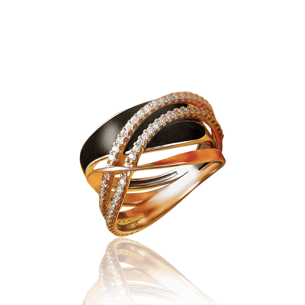 Кольцо из красного золота с черной эмалью и фианитами 030802 детальное изображение ювелирного изделия Золотые кольца